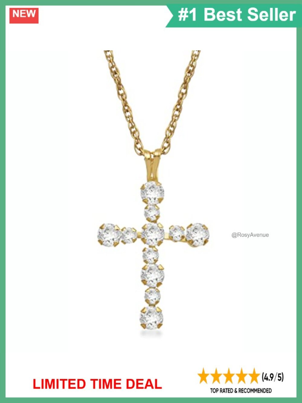 10K Gold Cubic Zirconia Cross Pendant Necklace 18" Rope Chain